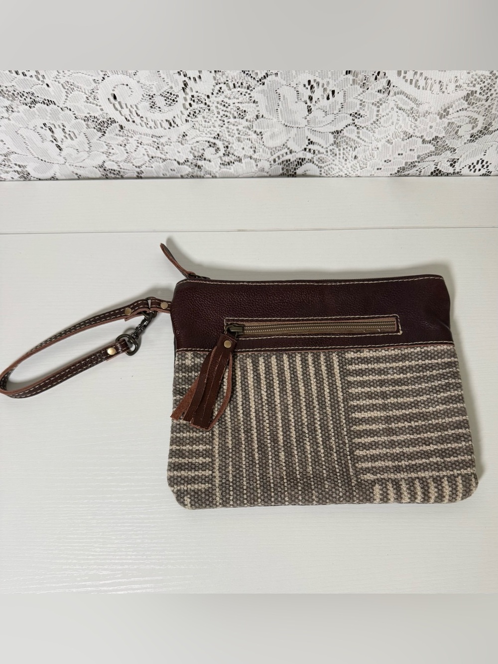 Myra Bag Boho Wristlet Clutch Brown Leather & Woven Fabric Pouch